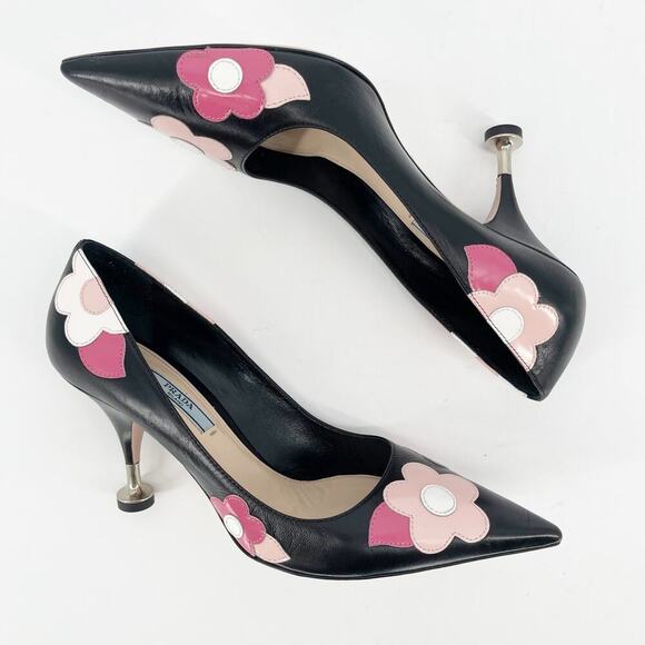 Prada Black Orchidea Nappa Leather Flower Fiori 85mm Pointed Toe Pump IT 38.5 - Picture 4 of 14